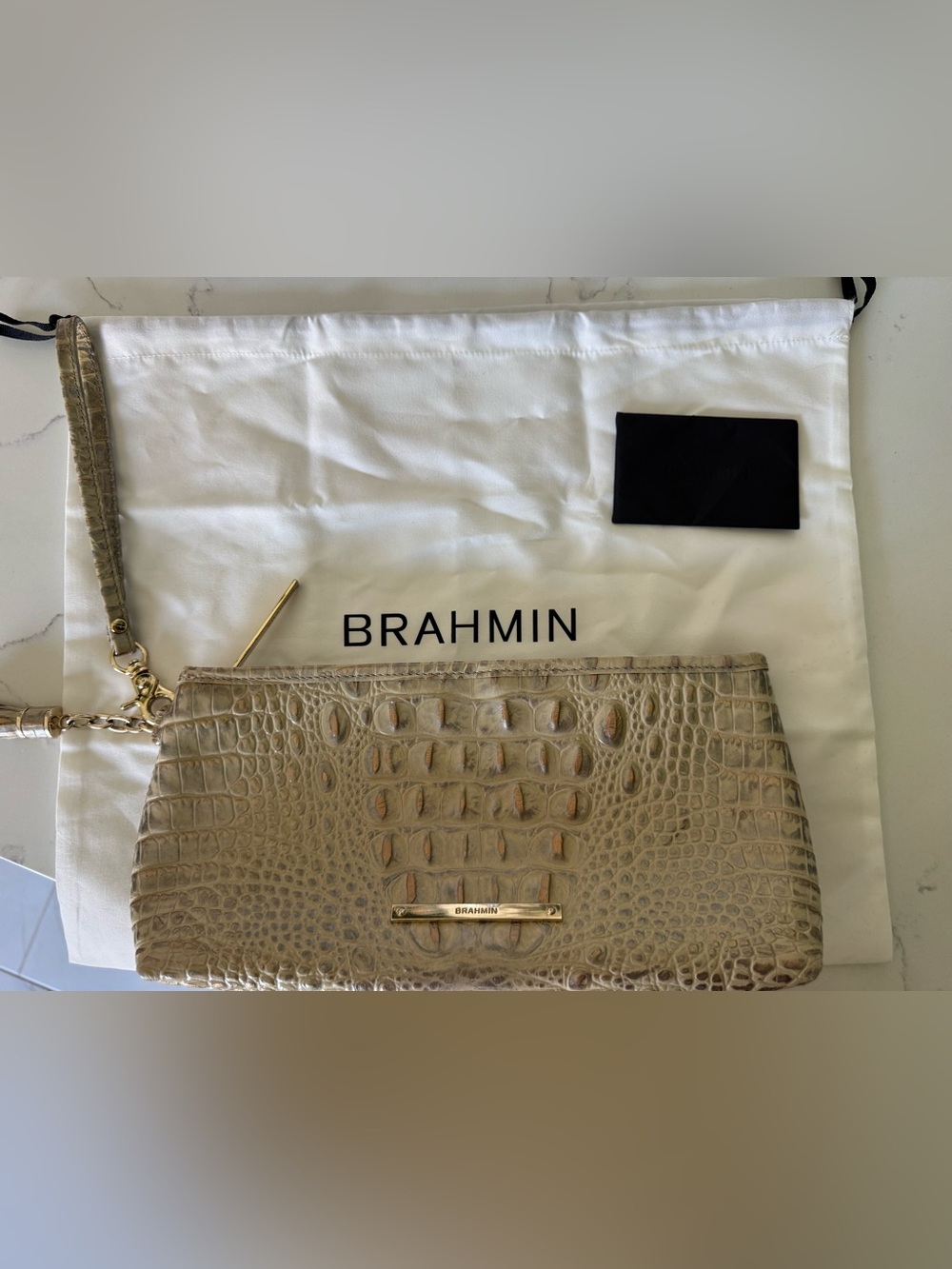 Brahmin Taupe Croc-Embossed Leather Clutch